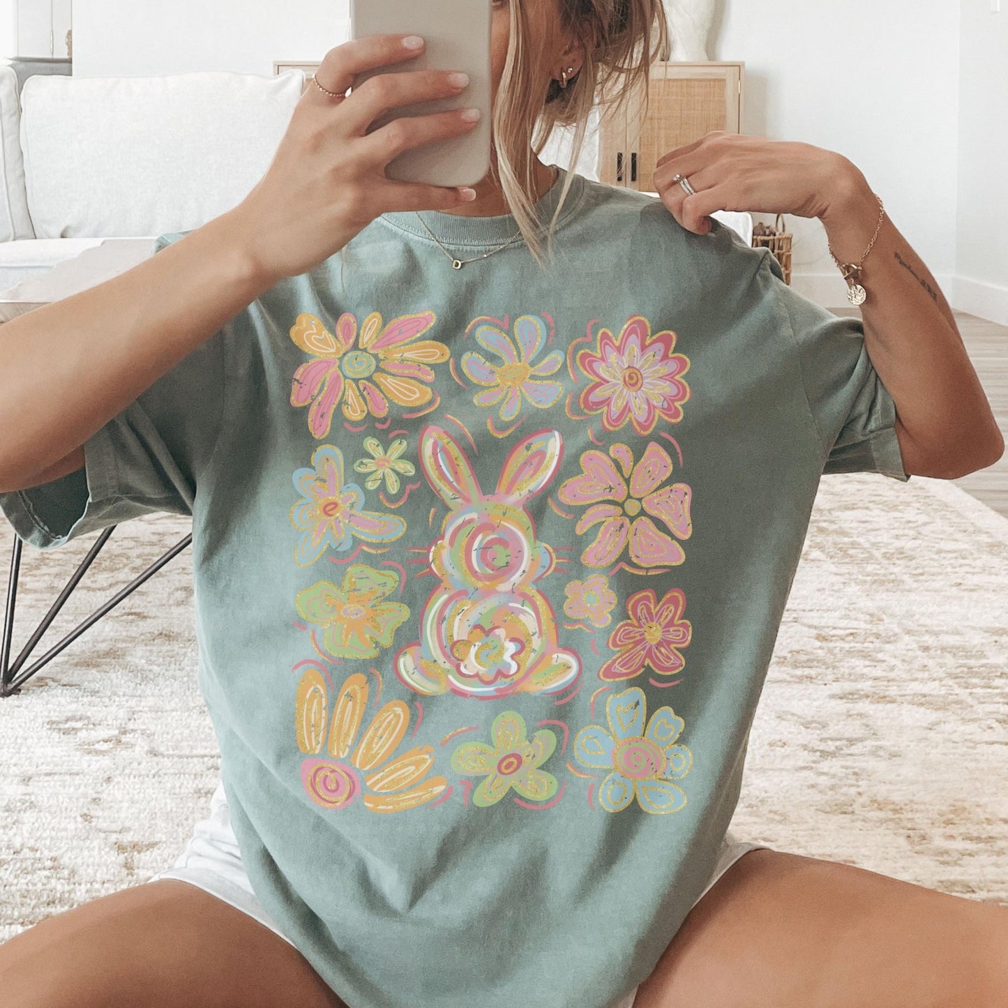 Aesthetic Easter Bunny Tee with a soft pastel color palette, a stylish choice for women who love bohemian and groovy fashion.