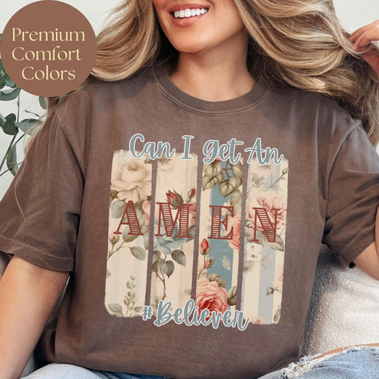 Can I Get an Amen Shirt with a beautiful brushstroke design, a perfect faith-based Comfort Colors tee for women who love stylish Christian apparel.