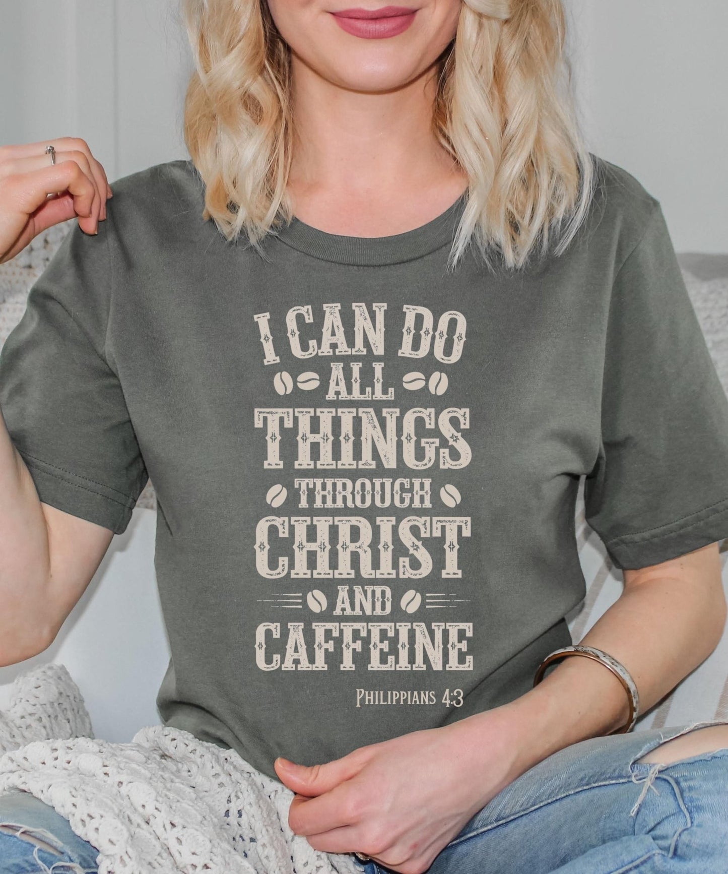 Faith-inspired aesthetic T-shirt featuring scripture and coffee theme, designed for Christian women and men, ideal for gifting to coffee lovers with strong faith.
