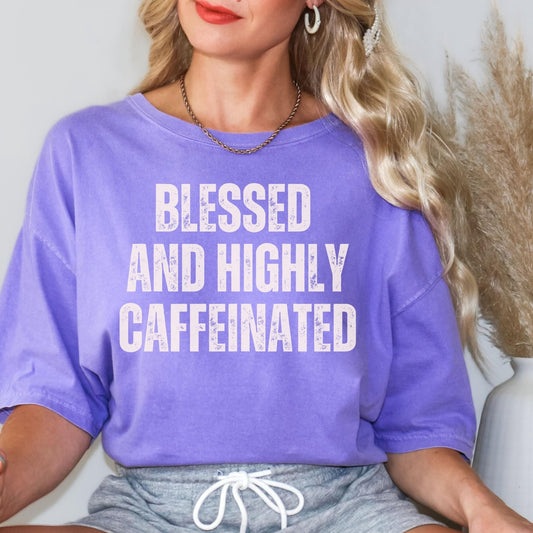 Comfort Colors coffee and faith shirt, ideal for those who love their morning brew and a strong spiritual message.