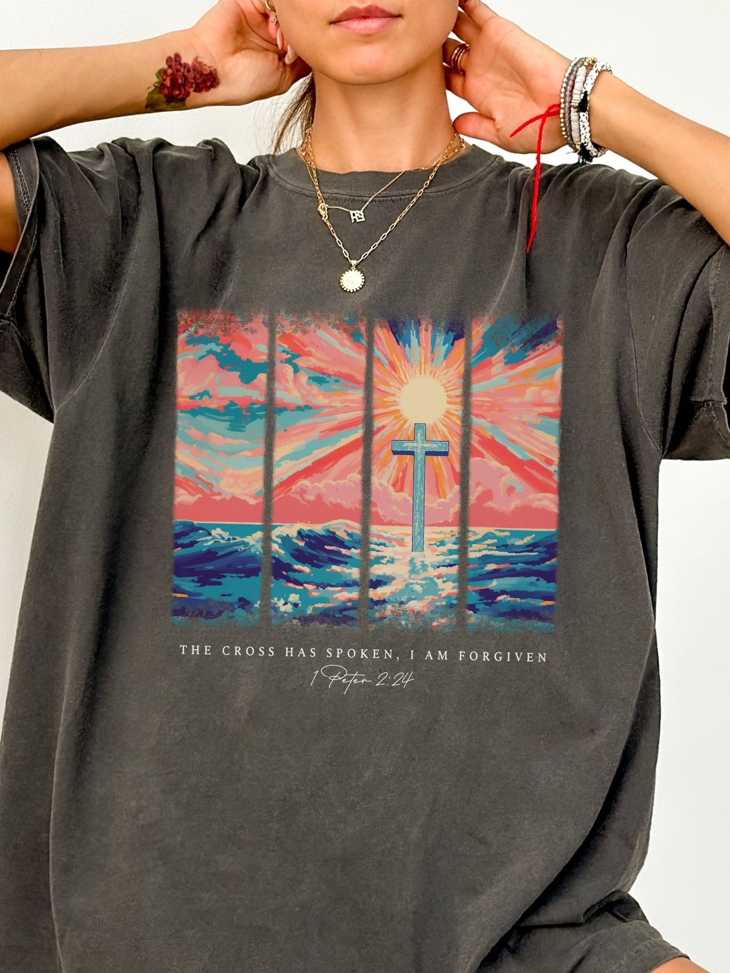 The Cross Has Spoken I Am Forgiven 1 Peter 2:24 Comfort Colors Tee Pepper