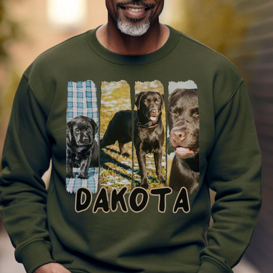 Unique pet portrait sweatshirt with stylish photo layouts, perfect for commemorating beloved pets, family members, or cherished moments.