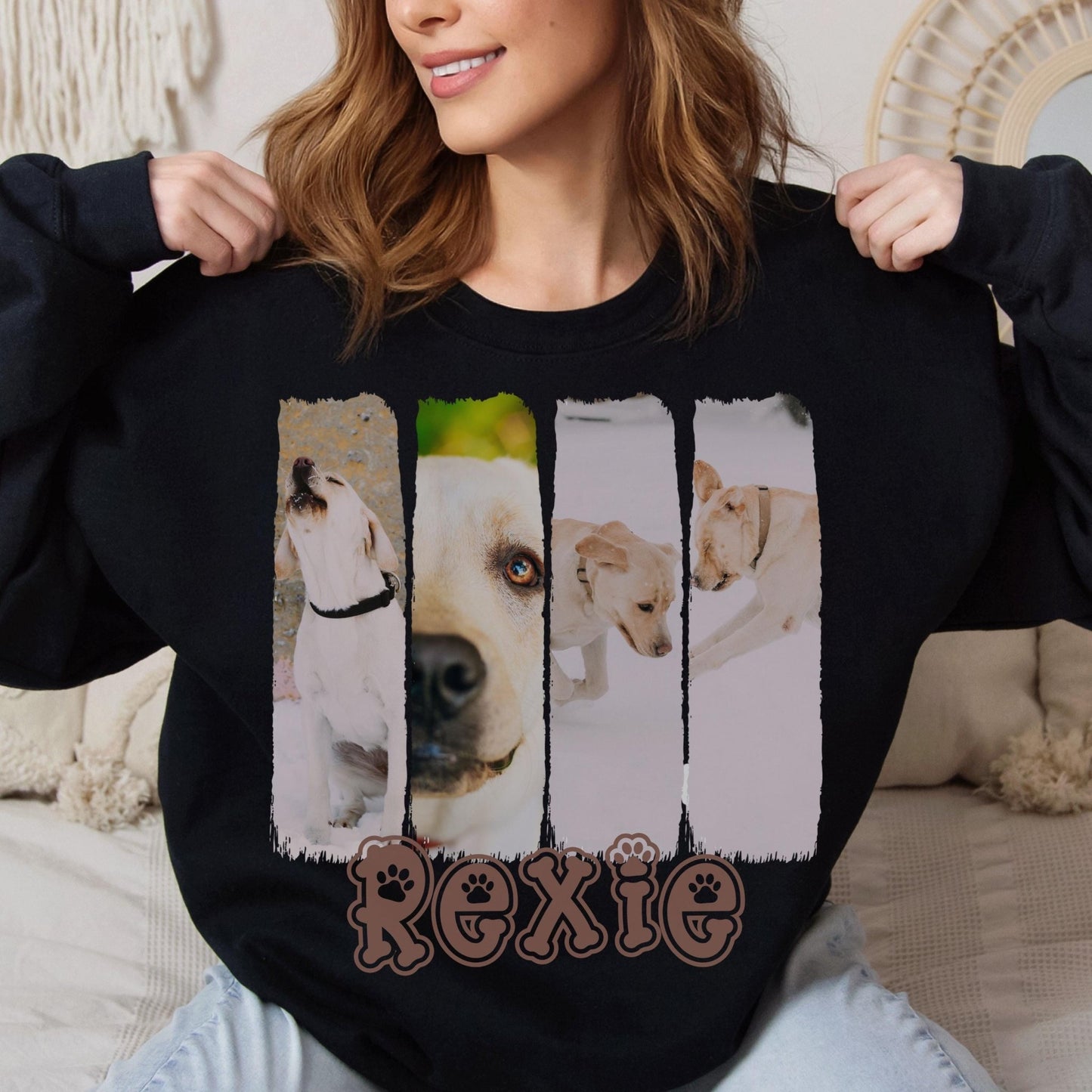 Personalized dog or cat shirt with multiple font options for your pet’s name, available in cozy fleece crewneck for ultimate comfort.