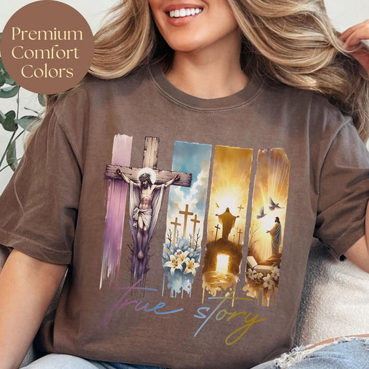 Christian Easter t-shirt featuring Jesus on the cross and his resurrection a meaningful religious gift for her or him