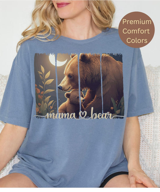 Celebrate motherhood with this retro aesthetic Mama Bear t-shirt, designed for comfort and style. A perfect gift for moms who love outdoor adventures and cozy, soft cotton tees with wildlife designs.