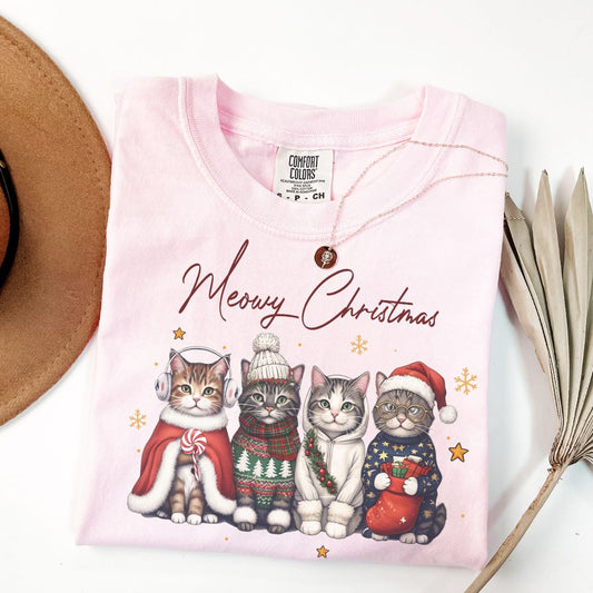 Funny Meowy Christmas Cat Tee Comfort Colors Blossom