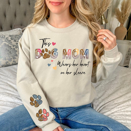 Custom dog name sweatshirt with leopard print details and paw graphics, making it an ideal gift for pet owners and cozy-loving dog mamas.
