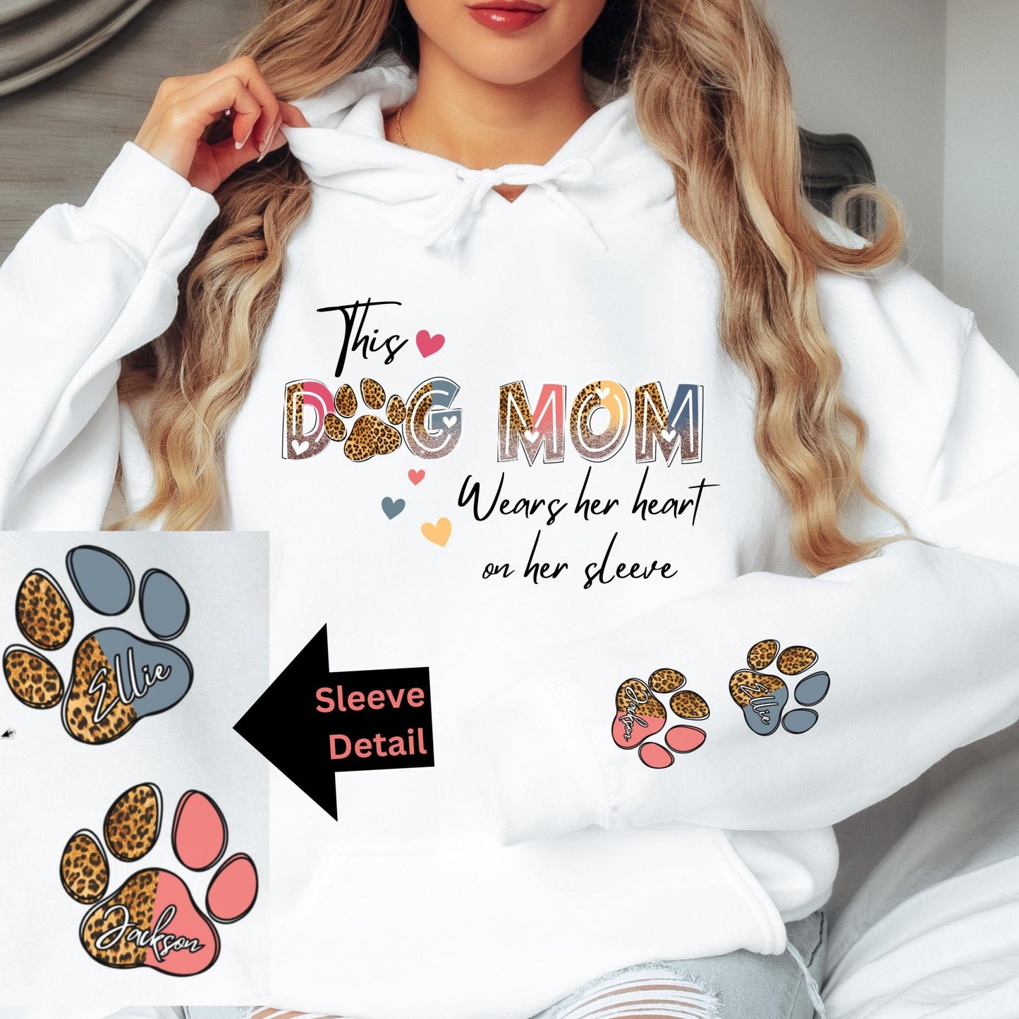 Custom dog mom sweatshirt featuring leopard print paw designs and personalized dog names, ideal as a cozy gift for pet owners and dog lovers.