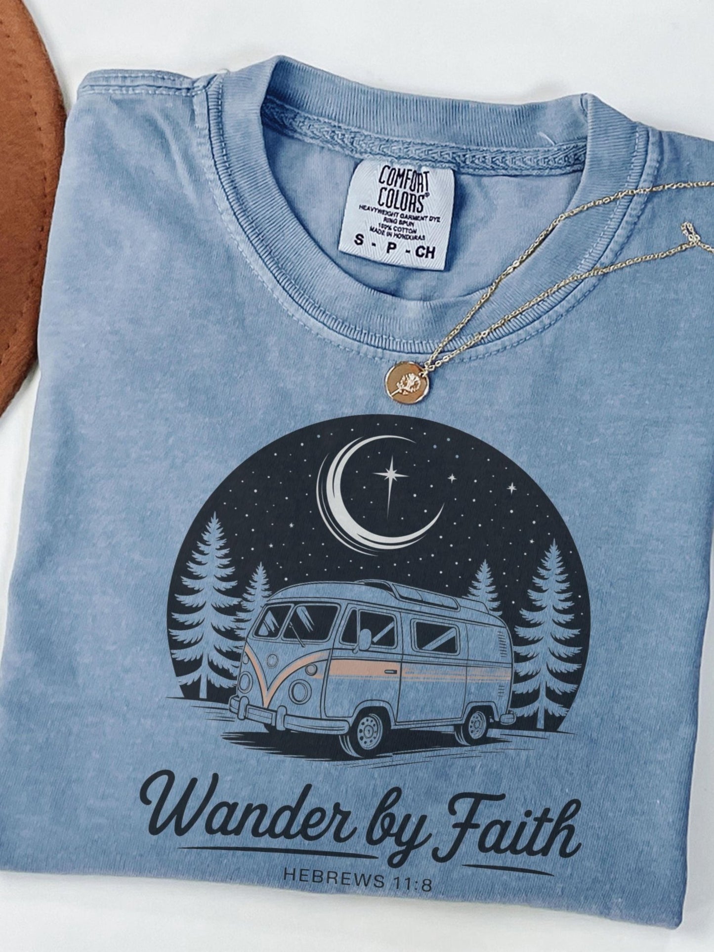 Hebrews 11:8 Comfort Colors shirt with forest and moon illustration, meaningful Christian gift for him or her, great for retreats, birthdays, or everyday spiritual wear.