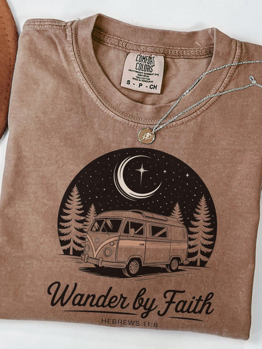 Wander by Faith Comfort Colors t-shirt with camper van and moon design, inspired by Hebrews 11:8, perfect Christian gift for outdoor lovers and spiritual adventurers.