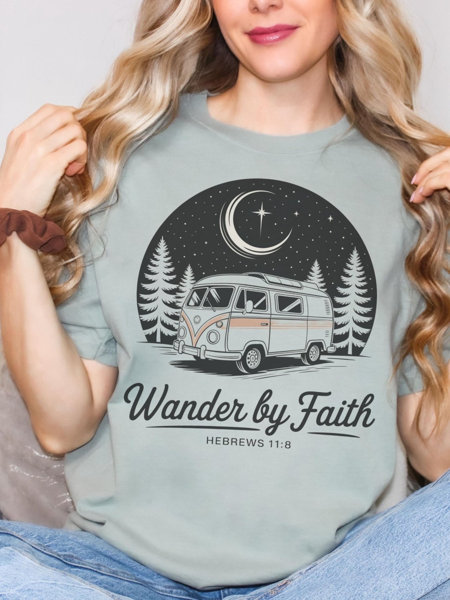 Faith-based retro van tee with Wander by Faith phrase, soft Comfort Colors fit for men and women who live boldly in faith—ideal gift for Christian friends or family.