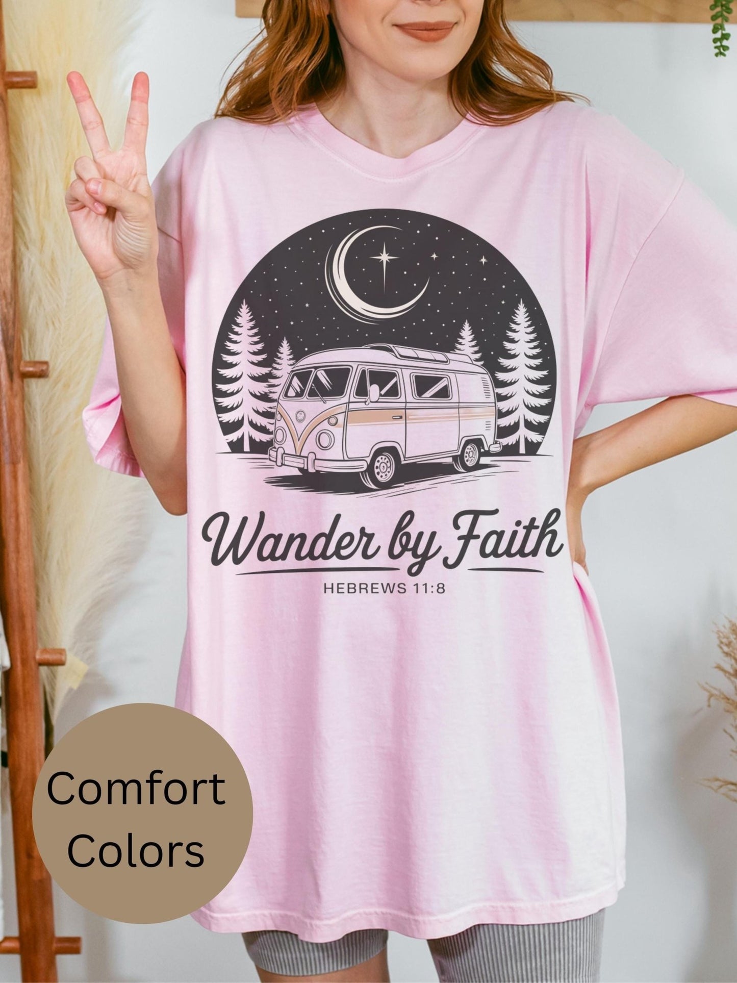 Faith-based retro van tee with Wander by Faith phrase, soft Comfort Colors fit for men and women who live boldly in faith—ideal gift for Christian friends or family.