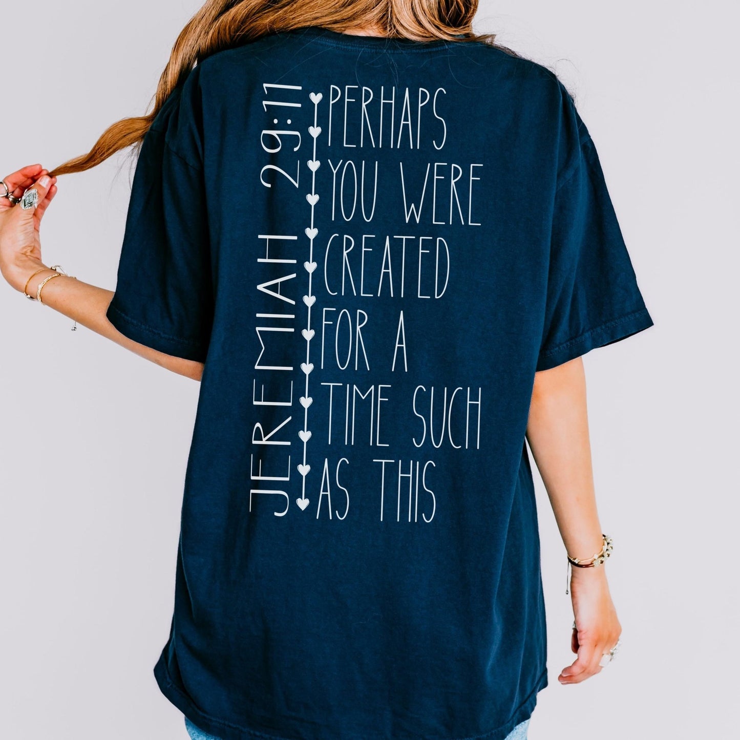 Christian Comfort Colors shirt with Jeremiah 29 11 and Created For A Time Such As This quote designed for men or women seeking inspiring scripture based apparel