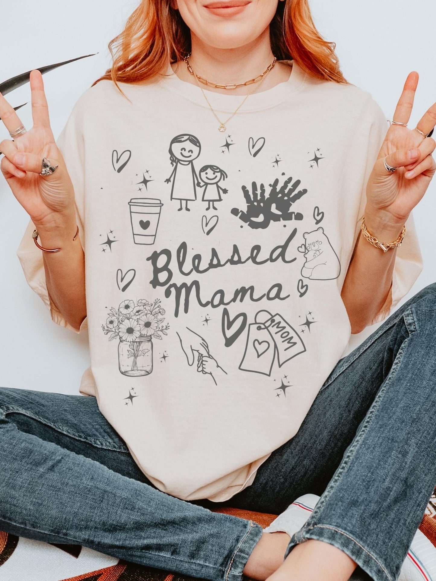 Blessed mama shirt with doodle style graphics, perfect Mother’s Day gift idea for moms, grandmas, sisters, and aunts who love cute, personalized, and meaningful clothing