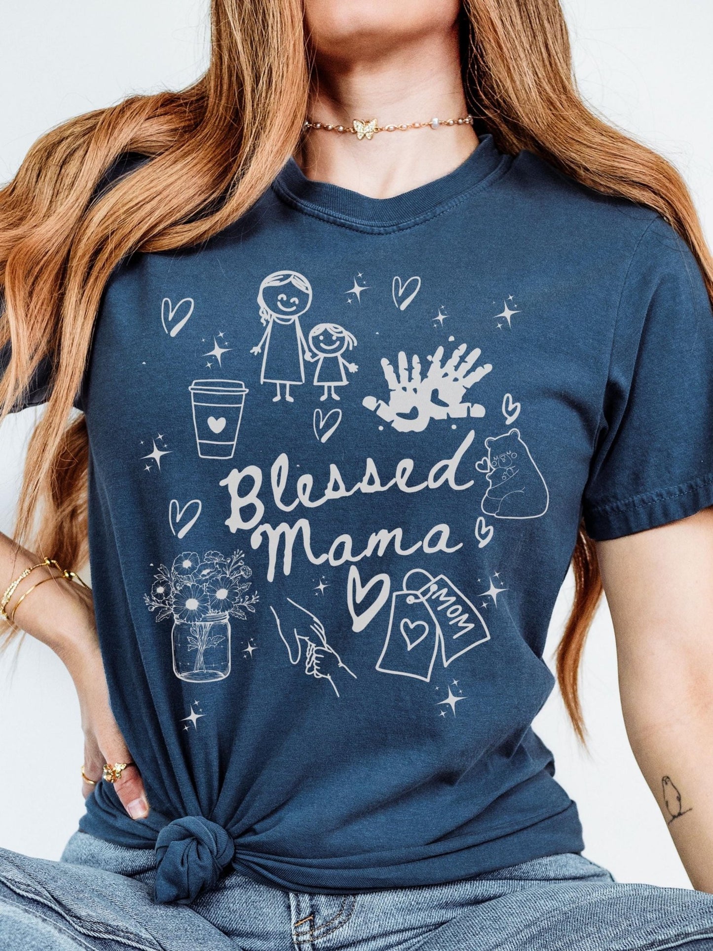 Cute mom-themed t-shirt with mother and daughter sketch, floral mason jar, and heart tags, ideal gift for aunt, mimi, grandma or your best mom friend for any celebration