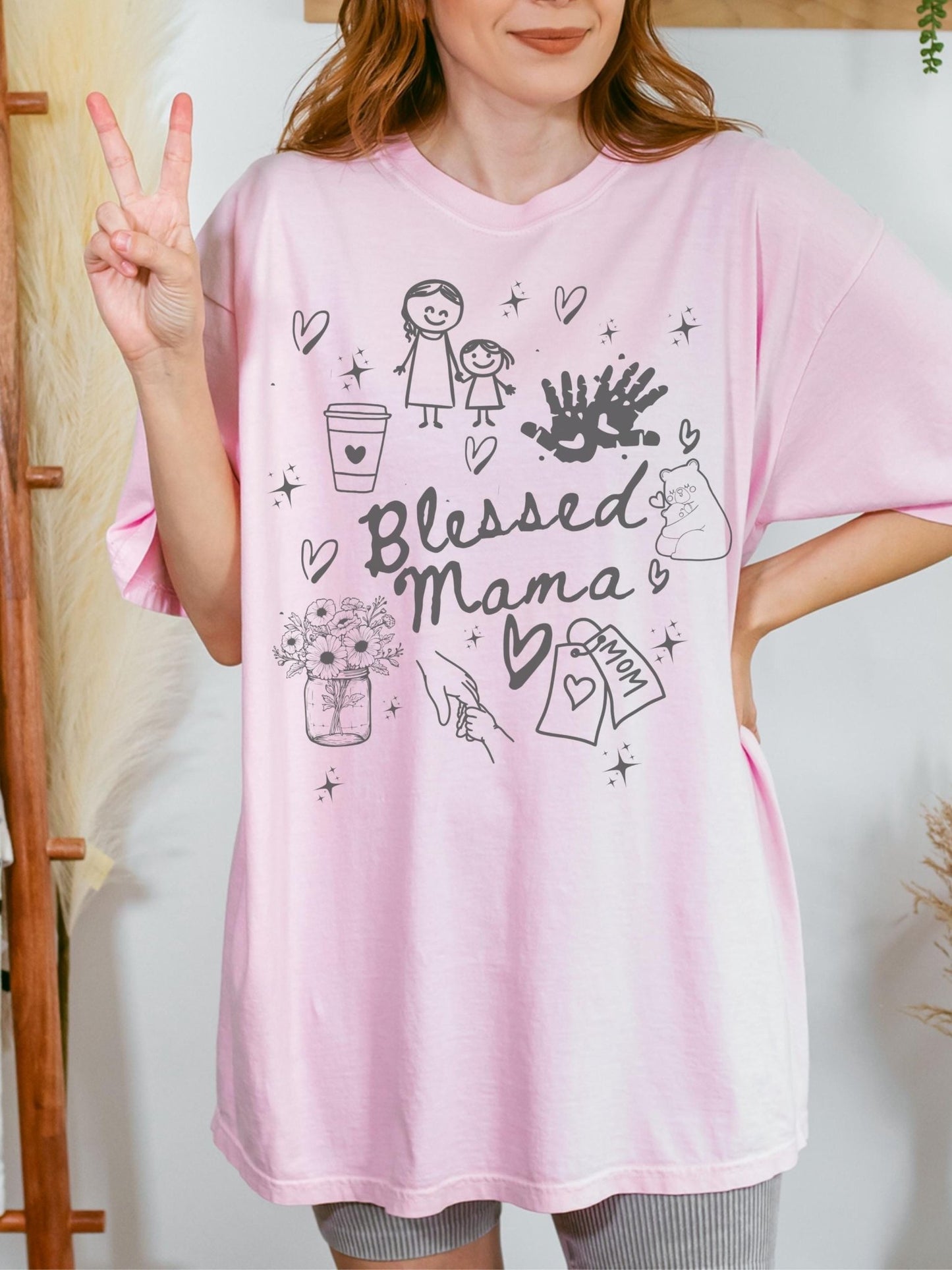 Hand-drawn style Blessed Mama graphic tee with a fun, heartfelt design, perfect gift idea for wife, mom-to-be, or grandmother who cherishes sentimental gifts