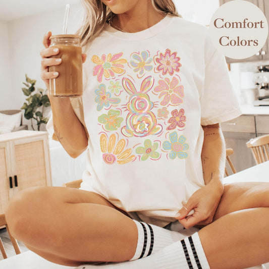 Cute Floral Bunny Graphic Shirt with a retro, hand-drawn design, making it a thoughtful and trendy Easter gift for her.