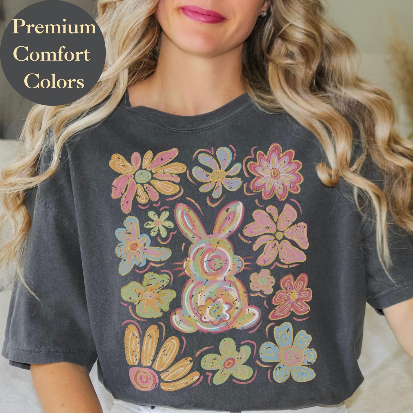 Retro Groovy Brushstroke Easter Bunny Shirt with a boho floral pastel design, a stylish Comfort Colors tee perfect for spring and holiday fashion.