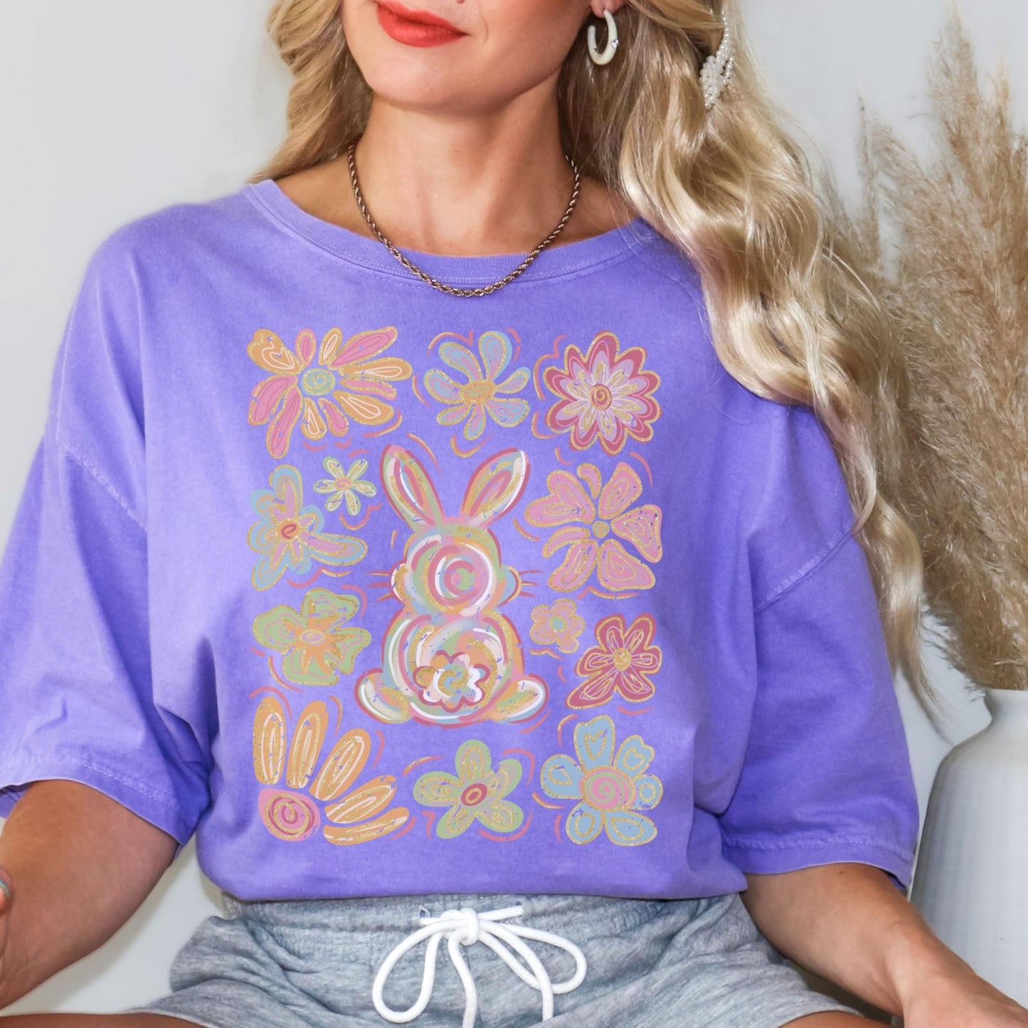 Vintage Hippie Holiday Outfit with a retro-inspired bunny and floral print, perfect for Easter celebrations and springtime fun.