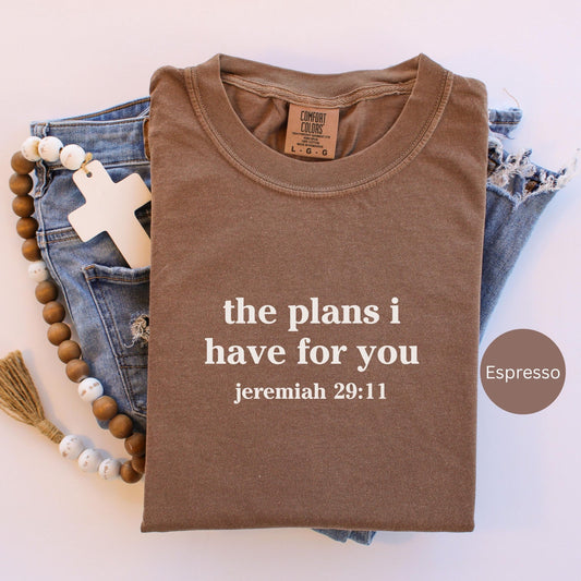Faith based t-shirt featuring For I Know the Plans I Have for You Jeremiah 29 11 Bible verse in minimalist design ideal for Christian women or teens