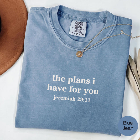 Soft blue Comfort Colors Bible verse shirt with inspirational scripture from Jeremiah 29 11 makes a thoughtful Christian gift for her or him