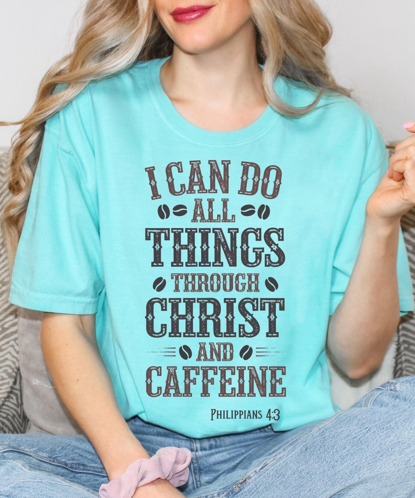 Stylish faith-based shirt for Christian coffee enthusiasts, combining a message of scripture with a love for caffeine, ideal for women, men, and loved ones.