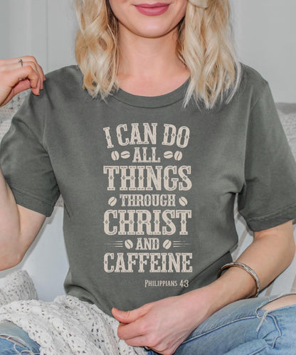 Faith-inspired aesthetic T-shirt featuring scripture and coffee theme, designed for Christian women and men, ideal for gifting to coffee lovers with strong faith.