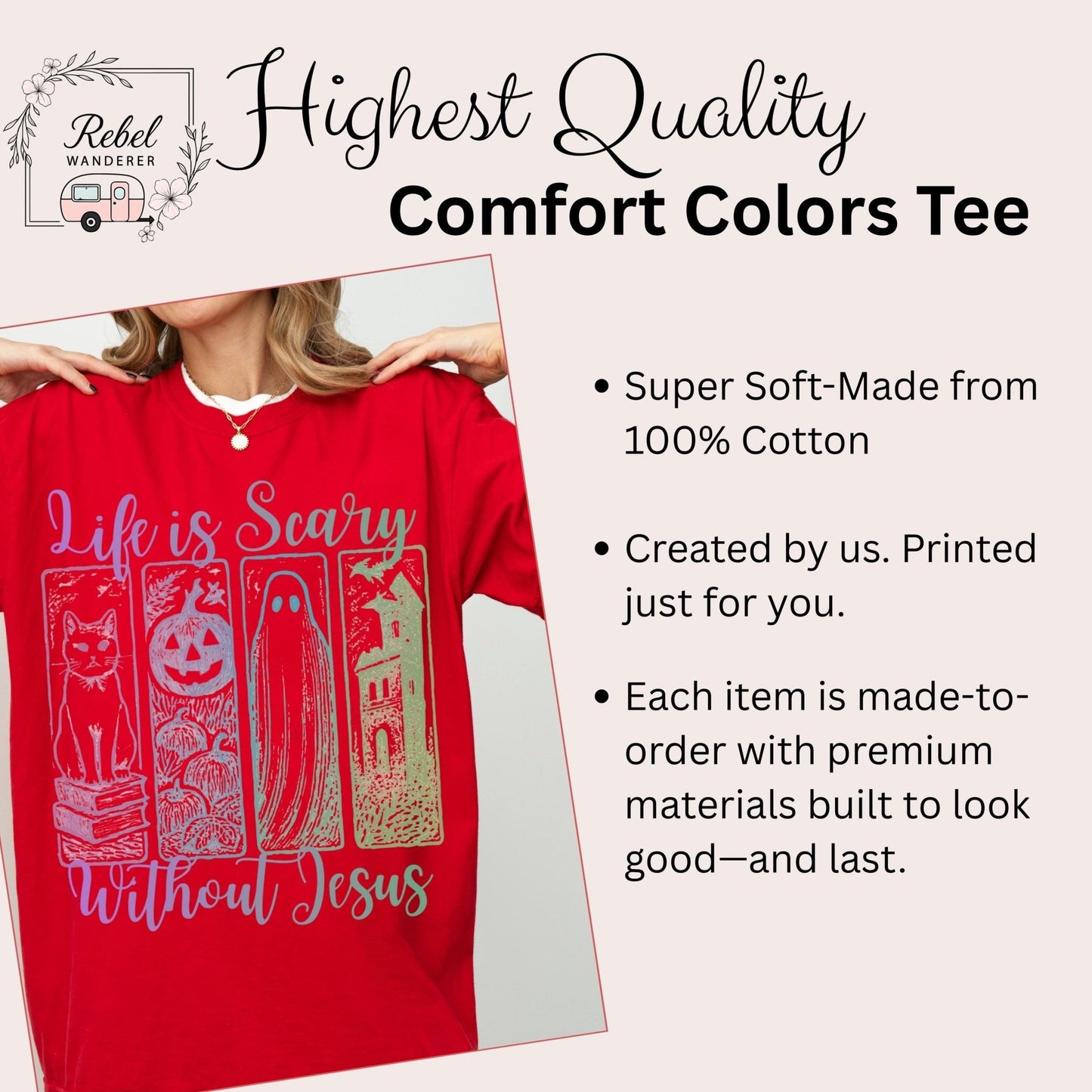 The image is a red t-shirt with a graphic design, and it is described as a &quot;Highest Quality Comfort Colors T-shirt&quot;.