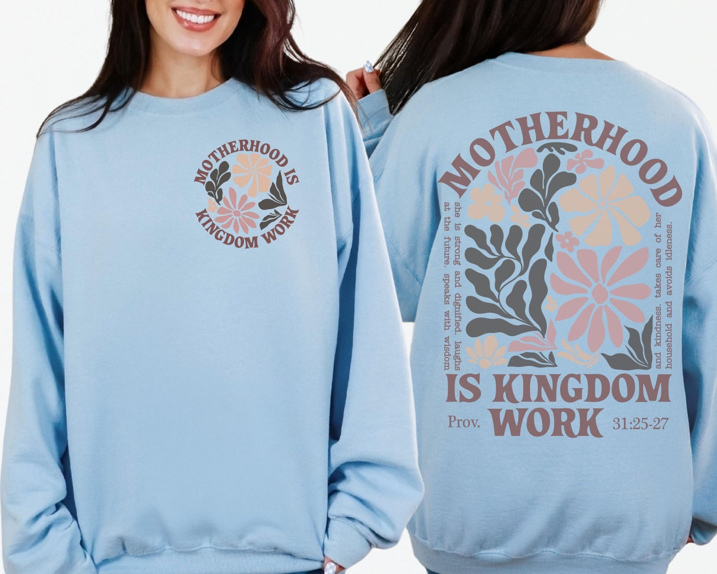 Christian Proverbs 31 crewneck sweatshirt for moms featuring motherhood is kingdom work message and floral artwork a thoughtful spiritual gift for her