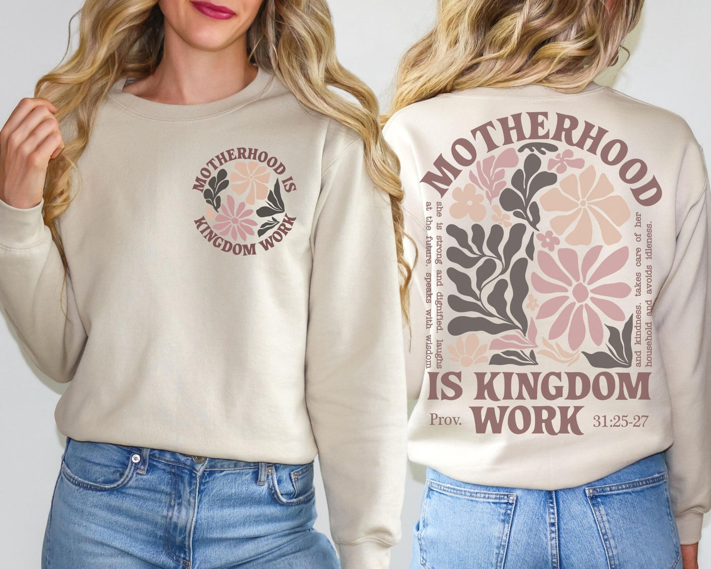 Gift for Christian mothers featuring motherhood is kingdom work phrase with faith floral design inspired by scripture and Proverbs 31