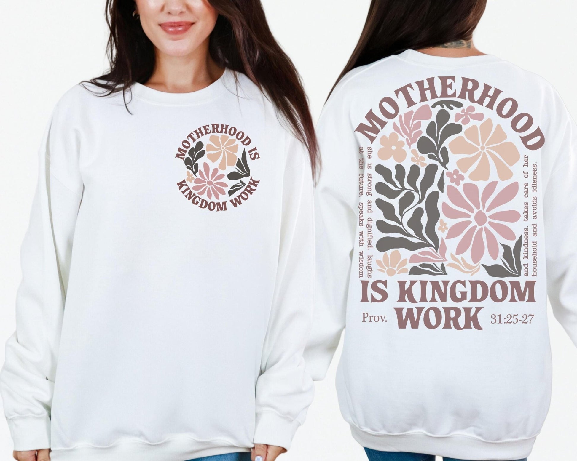 Bible verse sweatshirt for women of faith with Proverbs 31 25 quote and motherhood theme ideal for Christian moms and women of God