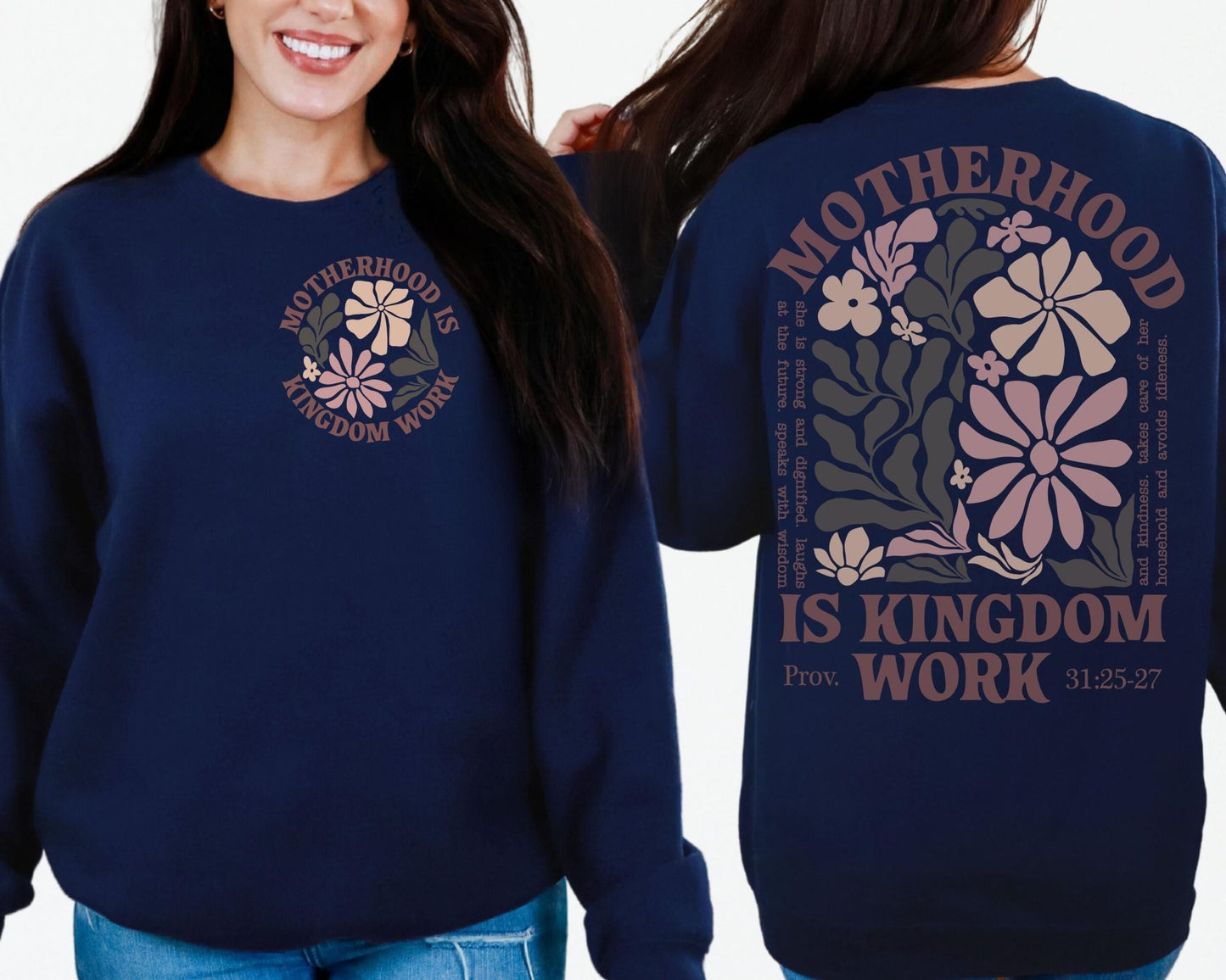 Oversized comfort crewneck with Christian motherhood theme designed as a biblical encouragement gift for spiritual moms