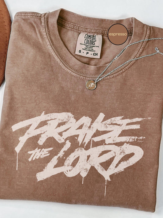 A brown t-shirt with the text &quot;PRAISE THE LORD&quot; printed on it, along with a necklace and a small label.