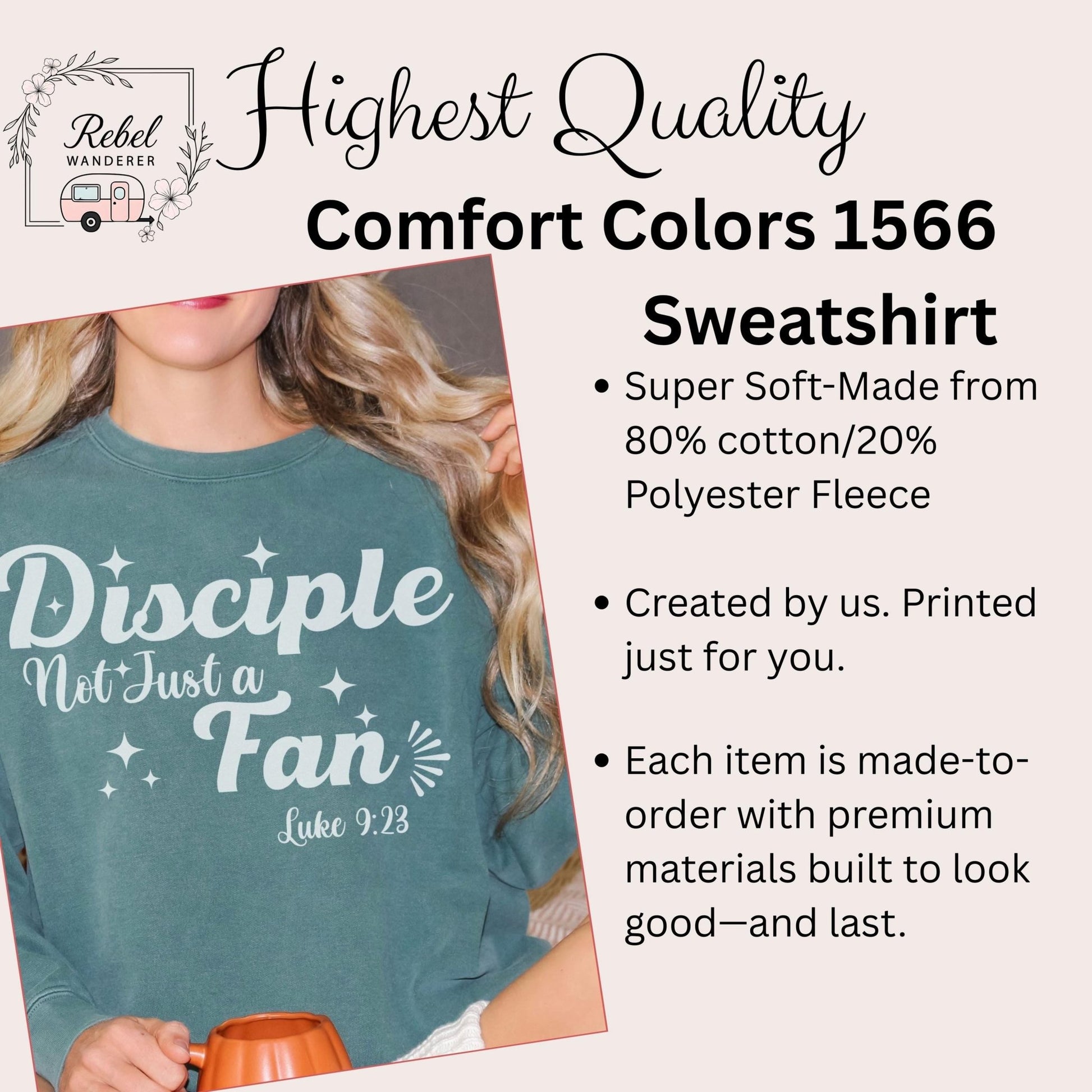 a woman wearing a teal-colored sweatshirt with the text &quot;Disciples Not Just a Fan&quot; printed on it.