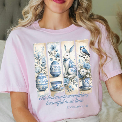 Comfort Colors chinoiserie Easter shirt featuring He Has Made Everything Beautiful a perfect Christian Bible verse tee for women of faith