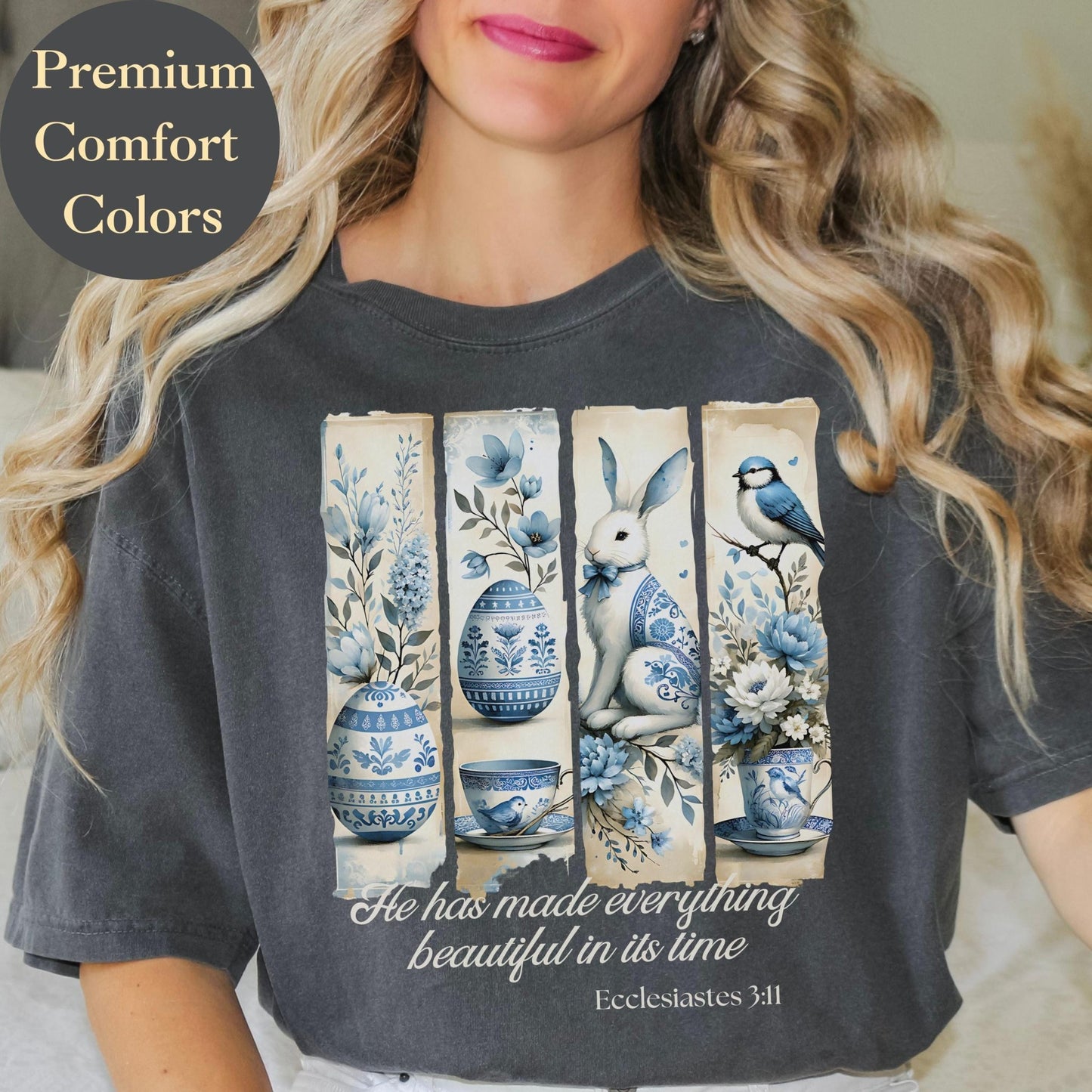 Christian chinoiserie Easter t-shirt showcasing a scripture message He Has Made Everything Beautiful a perfect believer’s gift
