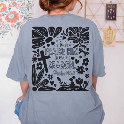 Soft religious t shirt with floral Jesus theme and Praise Him design a trendy and colorful top for Christian gifting or youth ministry