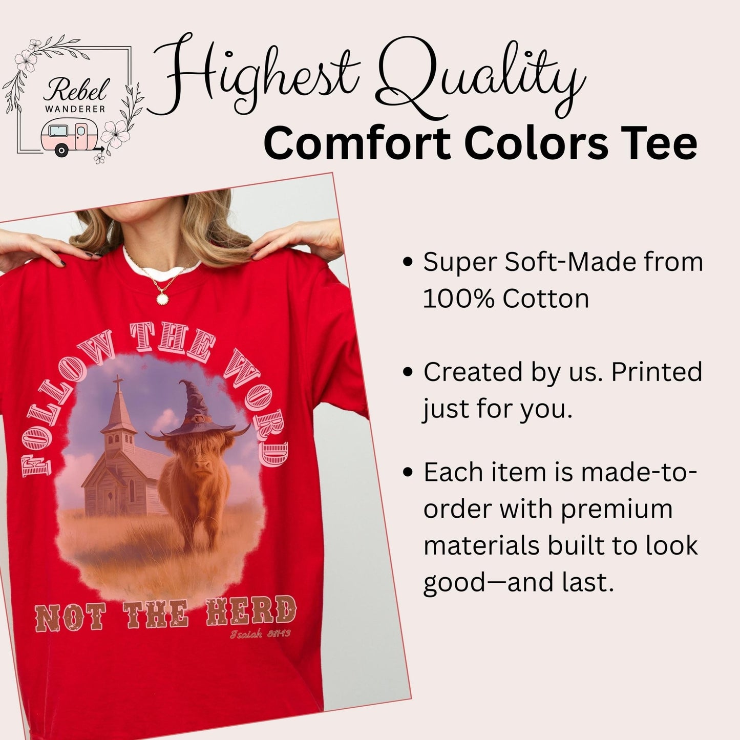 The image is a red t-shirt with a graphic design of a cow wearing a hat and the text "Follow the Word" printed on it.