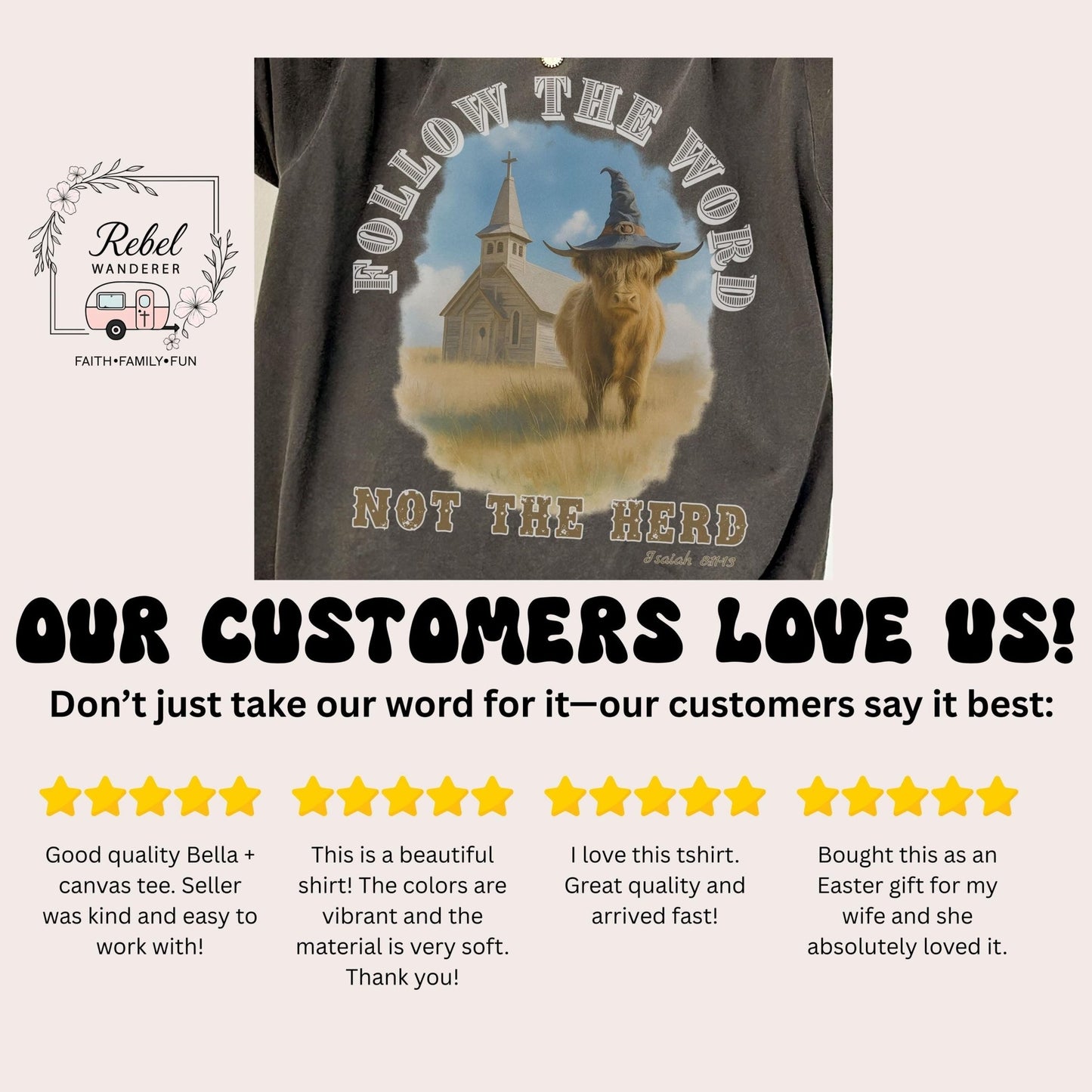 The image is a collage of four customer reviews for a t-shirt featuring a cow wearing a witch's hat. The reviews express their appreciation for the quality, vibrant colors, and ease of wearing the shirt.