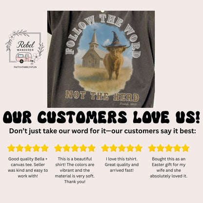 The image is a collage of four customer reviews for a t-shirt featuring a cow wearing a witch's hat. The reviews express their appreciation for the quality, vibrant colors, and ease of wearing the shirt.