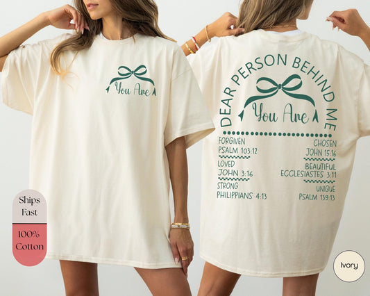 Christian teen girl shirt featuring a powerful back message of forgiveness love and purpose perfect for youth group church service or religious gifting