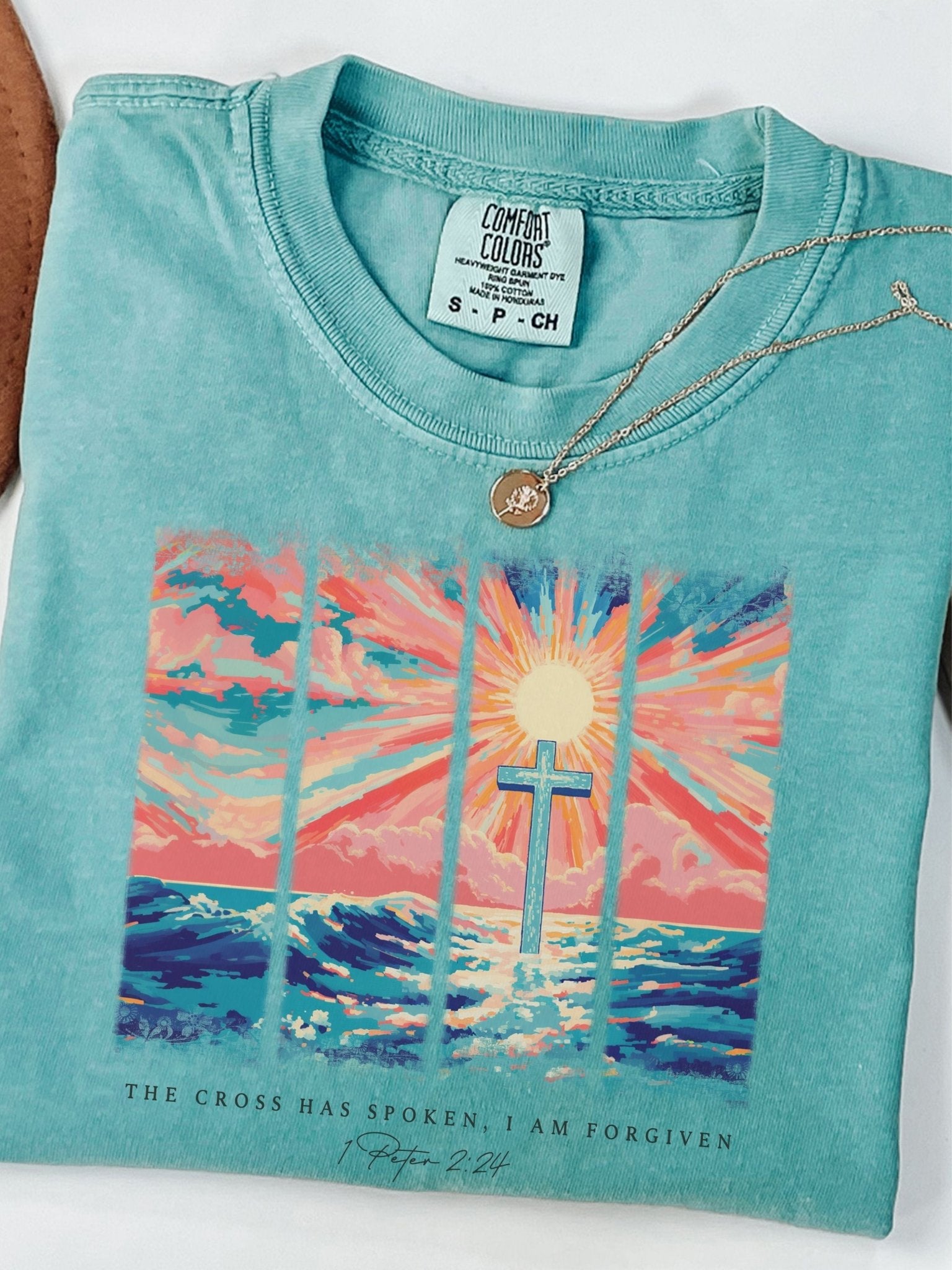 The Cross Has Spoken I Am Forgiven 1 Peter 2:24 Comfort Colors Tee Seafoam
