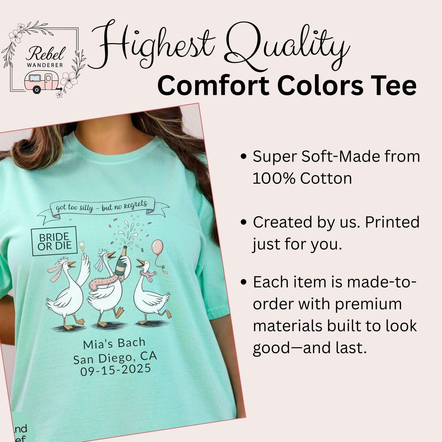 The image is a collage of two images. The first image is a close-up of a person wearing a teal-colored shirt with a graphic design, and the second image is a larger image of a person wearing a teal-colored shirt with a graphic design. The text above the images reads &quot;HIGHEST QUALITY Comfort Colors T-Shirt&quot;.
