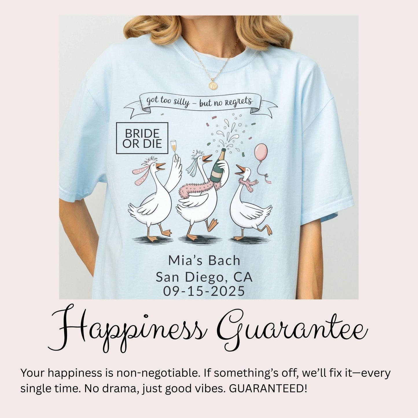 A light blue t-shirt with a graphic design featuring three cartoon geese and the text &quot;Bridal or Die&quot; along with the date &quot;09-15-2025&quot;.
