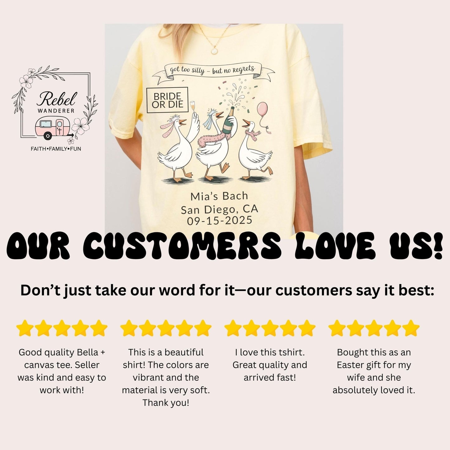 a yellow t-shirt with a graphic design of three white geese and a banner that says &quot;Bridal or Die&quot;. The t-shirt is being worn by a person, and there are four stars indicating customer satisfaction with the product.