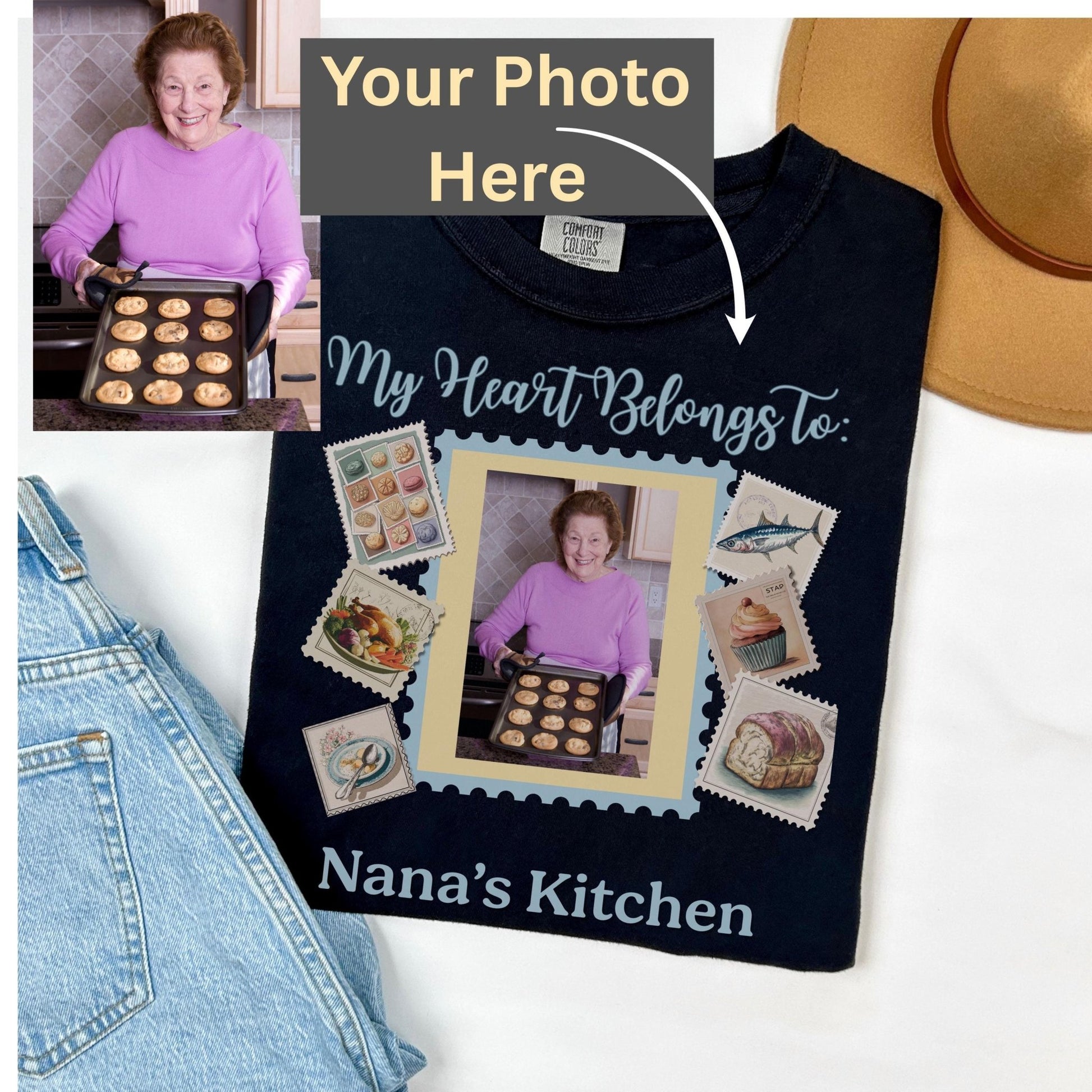 The image is a collage featuring a woman in a kitchen, surrounded by various kitchen items such as a hat, a plate of cookies, and a framed photo of the woman.