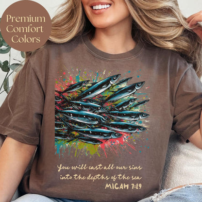 Inspirational Christian T Shirt with Micah 7 19, ideal for women who love faith-based apparel and want a meaningful religious scripture tee as a unique Christian gift for her or a Mother’s Day present.