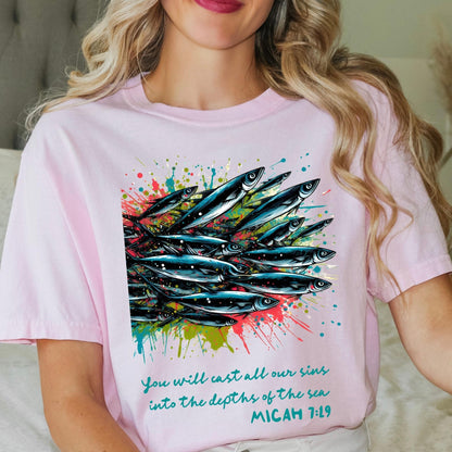 Christianity T Shirt with Bible Verse Micah 7 19 perfect for faith-based apparel lovers seeking an inspirational religious scripture tee and a meaningful Christian gift for her this Mother’s Day.