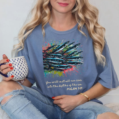 Faith-based apparel featuring Bible Verse Micah 7 19 makes the perfect Christian T Shirt for women and men looking for a religious scripture tee and a spiritual gift for Mother’s Day or any occasion.