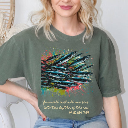 Christian apparel featuring Micah 7 19 scripture, perfect for those who love faith-based tees, want an uplifting religious scripture shirt, or need an inspirational Christian gift for Mother’s Day.